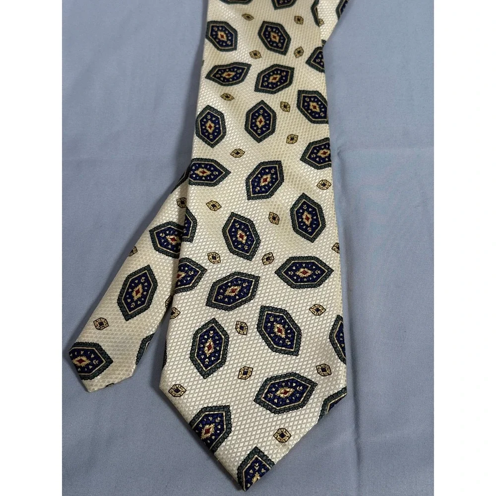 VTG NWT Silk Robert Stewart‎ Tie Beige USA Geometric Shapes Red Blue Green